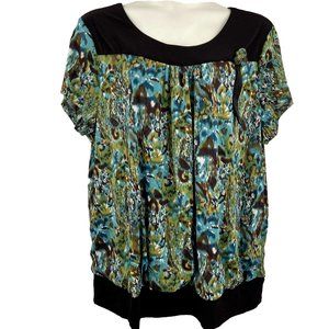 Simply French Sz 3X Blouse Pull Over Lined Watercolor Short Sleeve Stretch Scoop